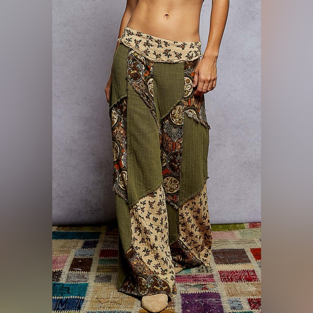 PB14 POL Patchwork Pants in Olive and Beige